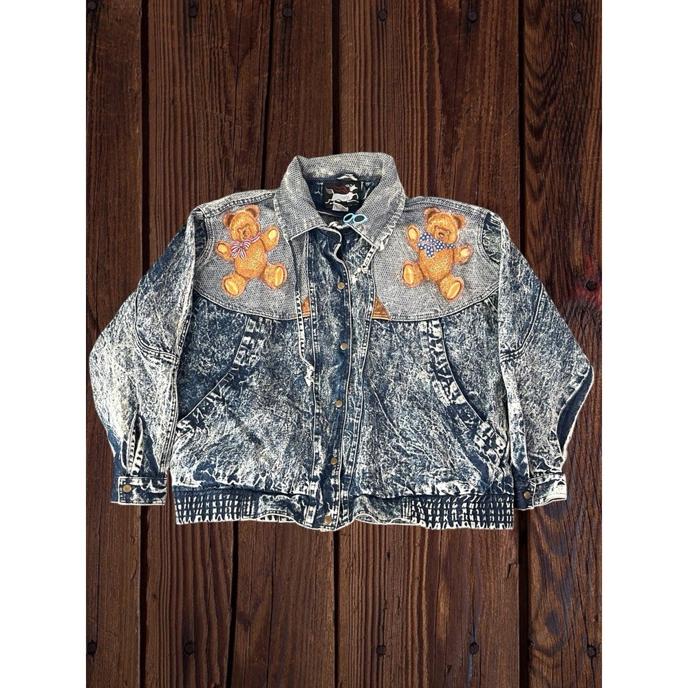 Vintage Ruth Douglas New York Womens L Denim Teddy Bears Jacket Acid Wash RARE